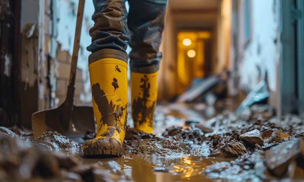 Soccorritore cammina nel fango dopo un alluvione