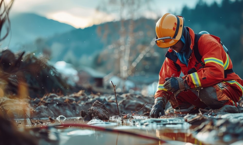 Soccorritore guarda il terreno dopo un terremoto